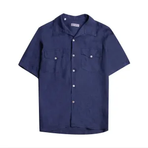 Navy Linen Italian Short Sleeve Shirt