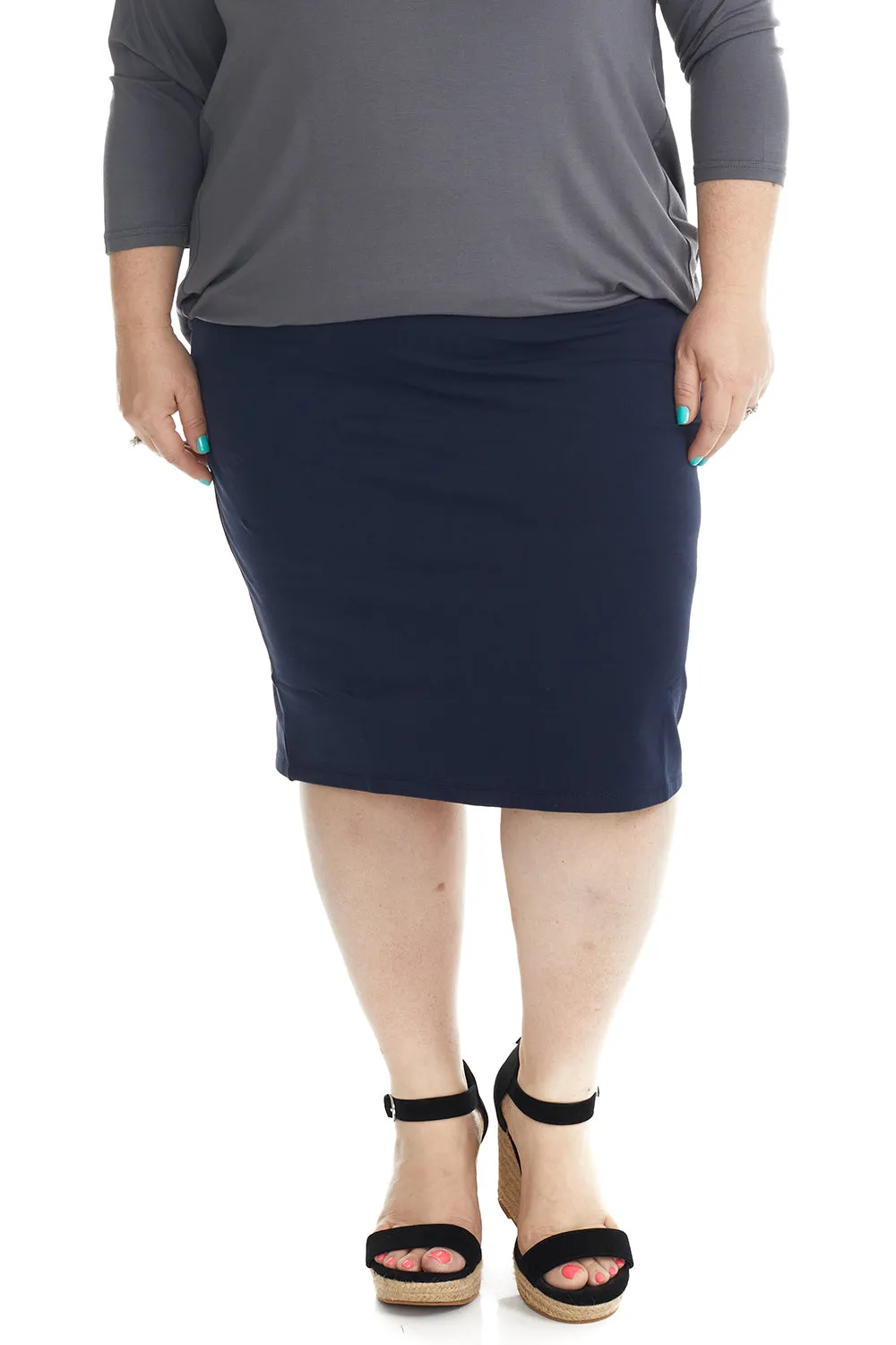 Navy Plus Size Cotton Below Knee Length Pencil Skirt 'Dallas'