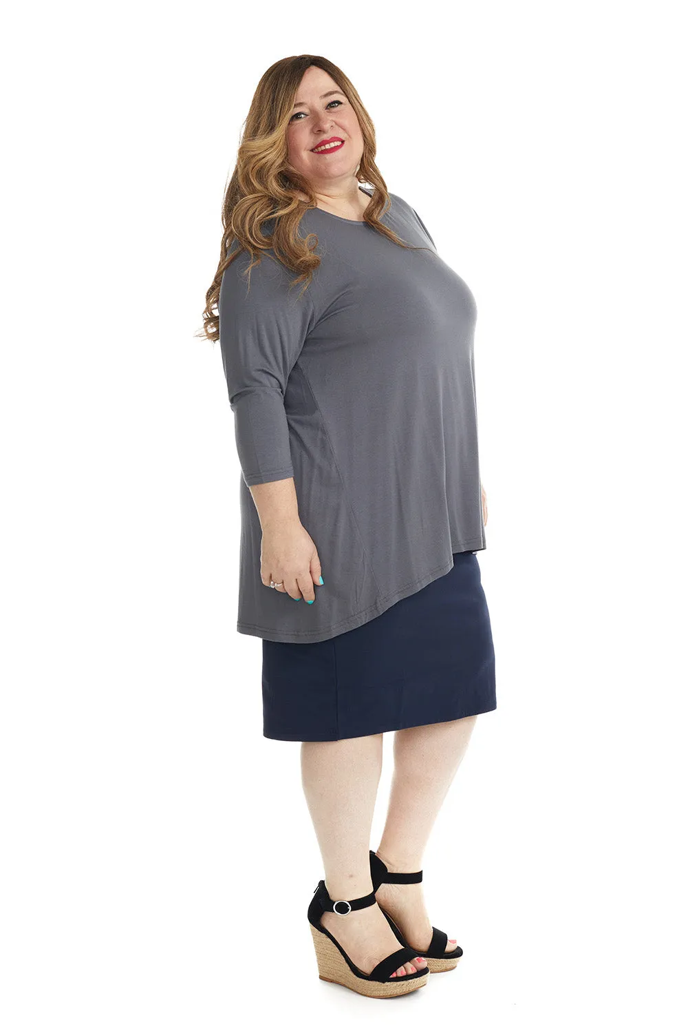 Navy Plus Size Cotton Below Knee Length Pencil Skirt 'Dallas'