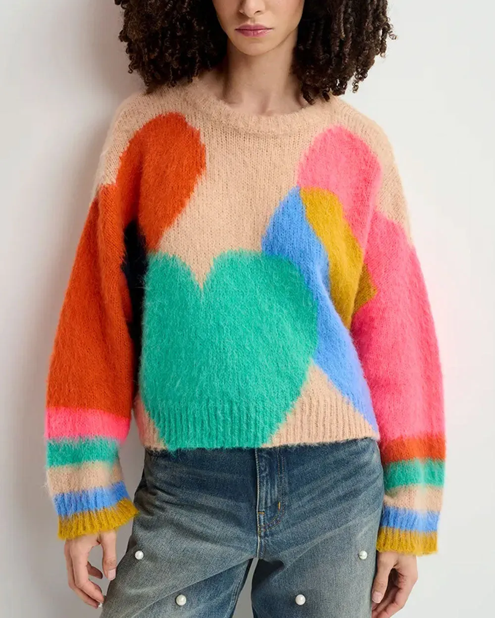 Off White Multicolored Intarsia-Knitted Sweater