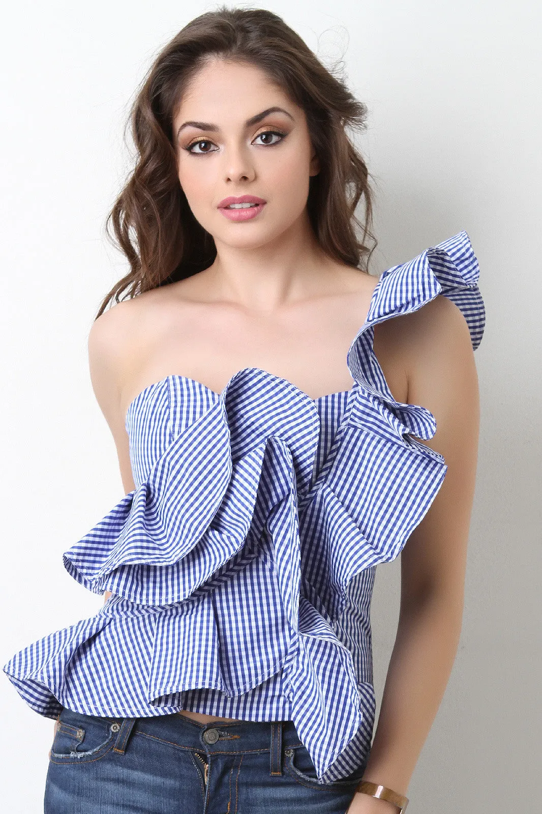 One Shoulder Ruffle Gingham Top