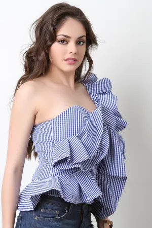 One Shoulder Ruffle Gingham Top