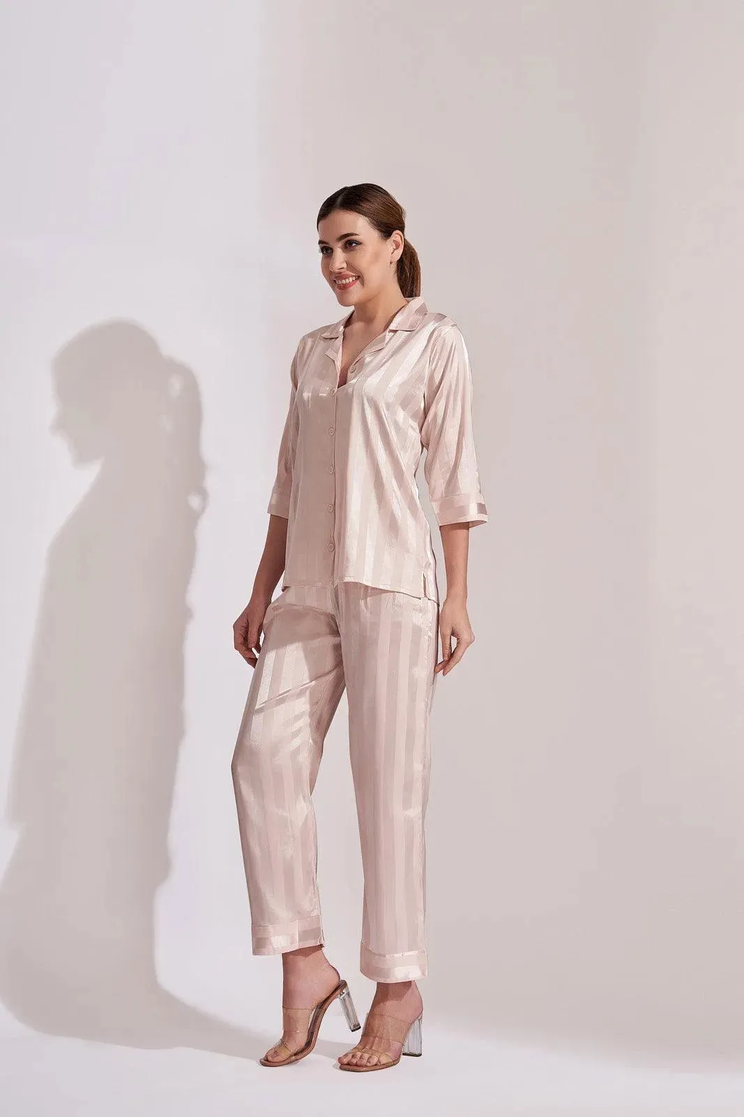 Peach Self Stripes Satin Night Suit