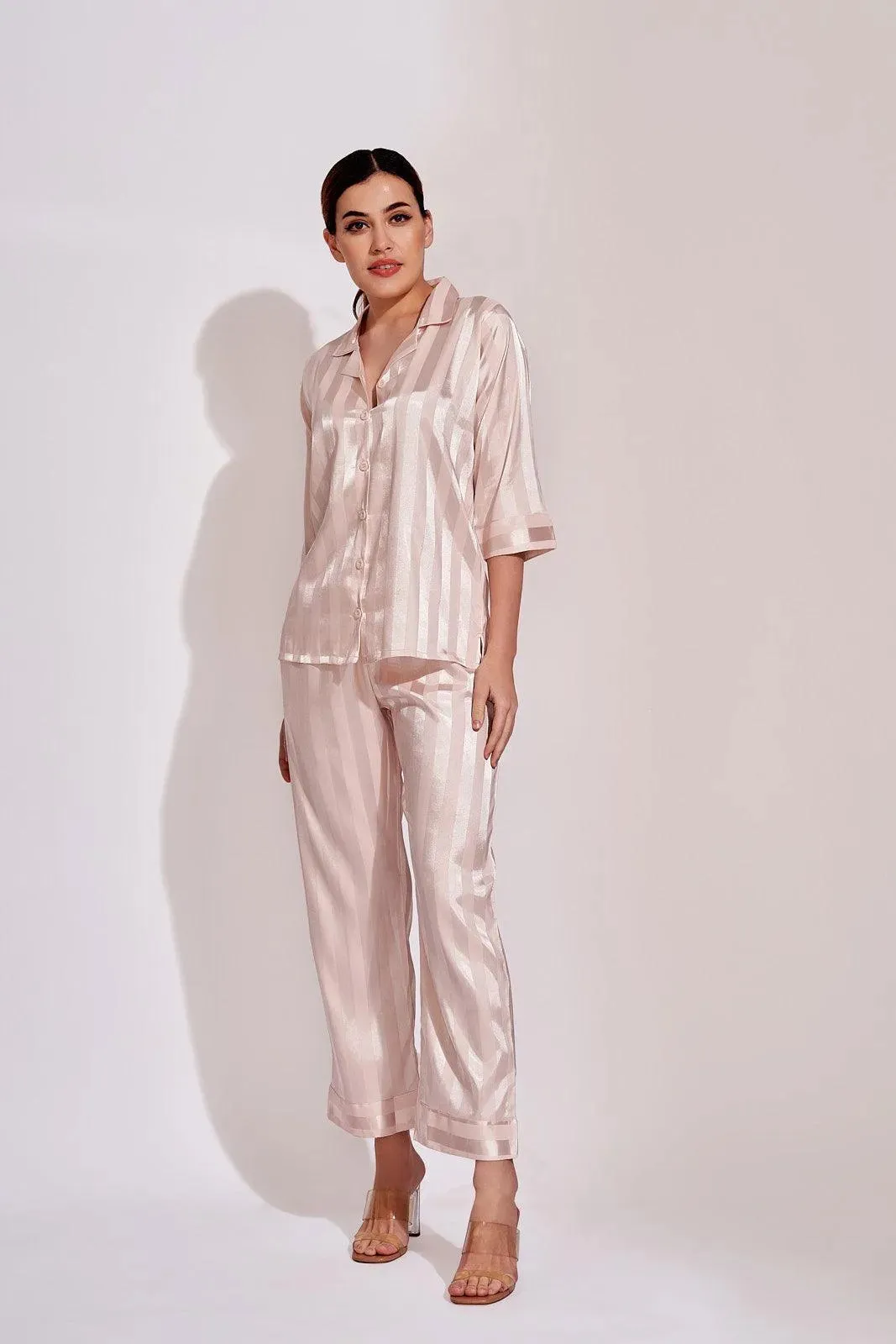 Peach Self Stripes Satin Night Suit