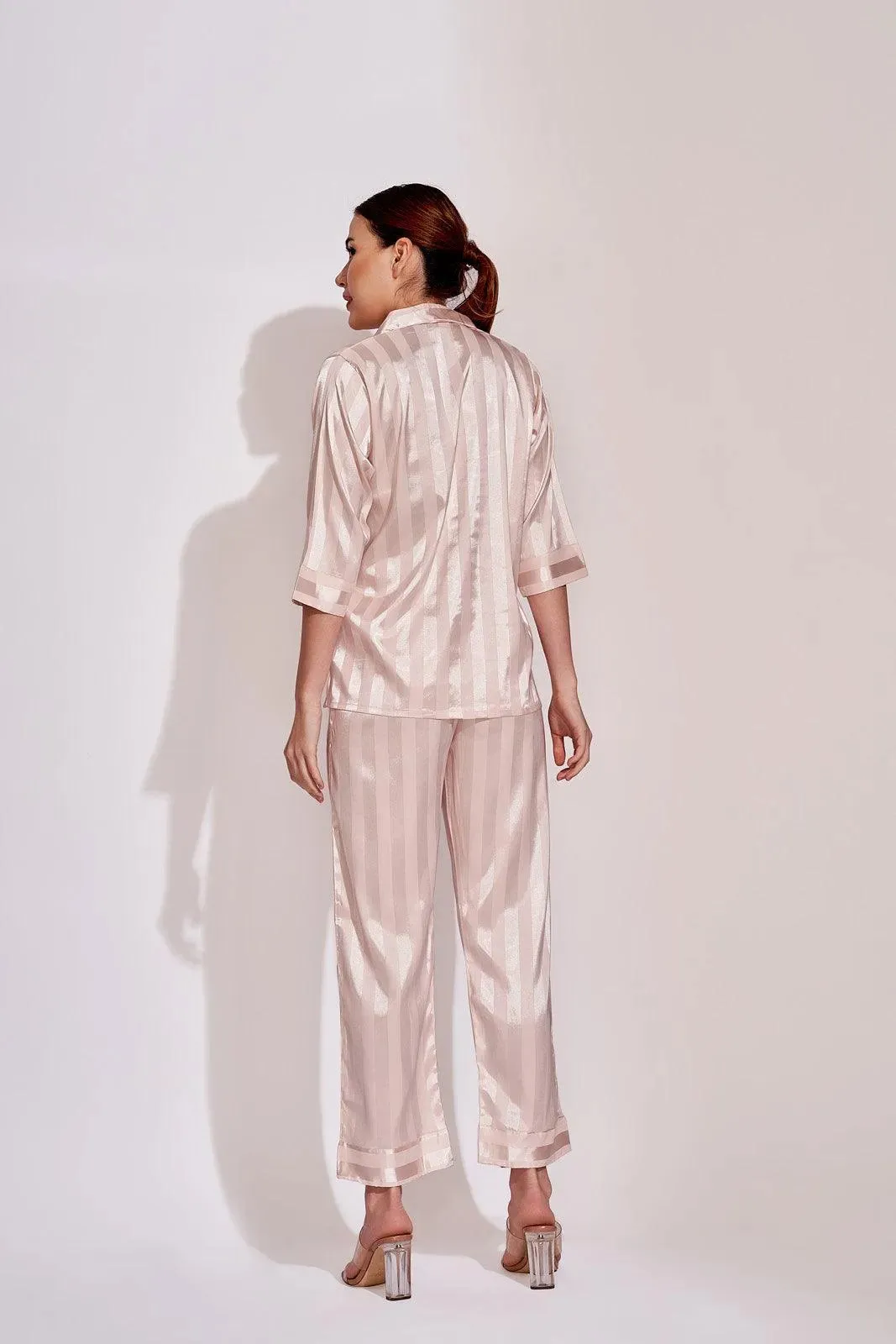 Peach Self Stripes Satin Night Suit