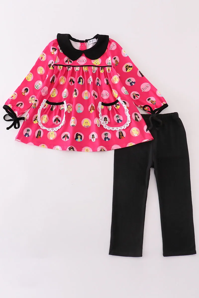 Pink barbie print girl pants set