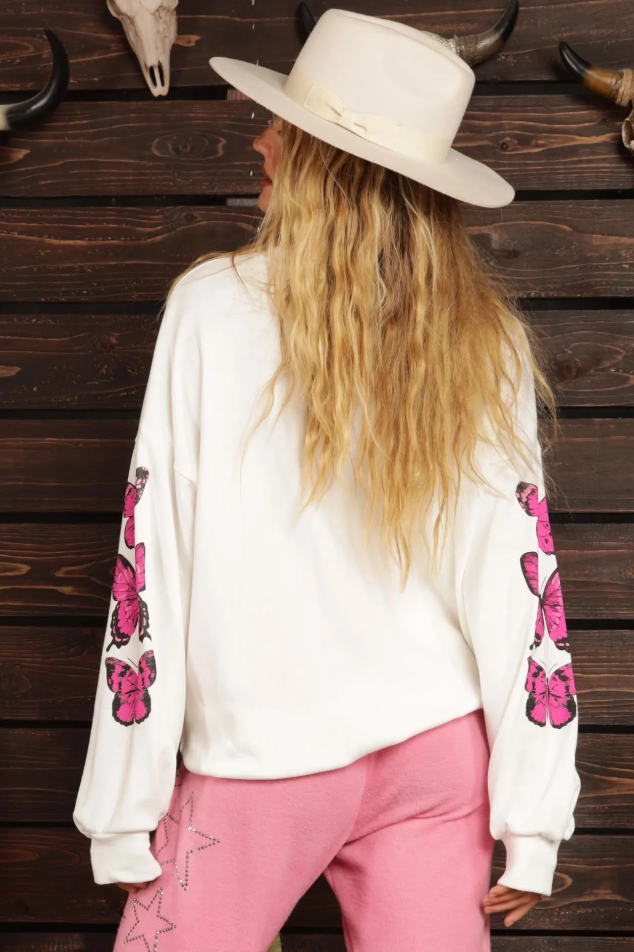 Pink butterflies Printed French Terry Sweatshirts