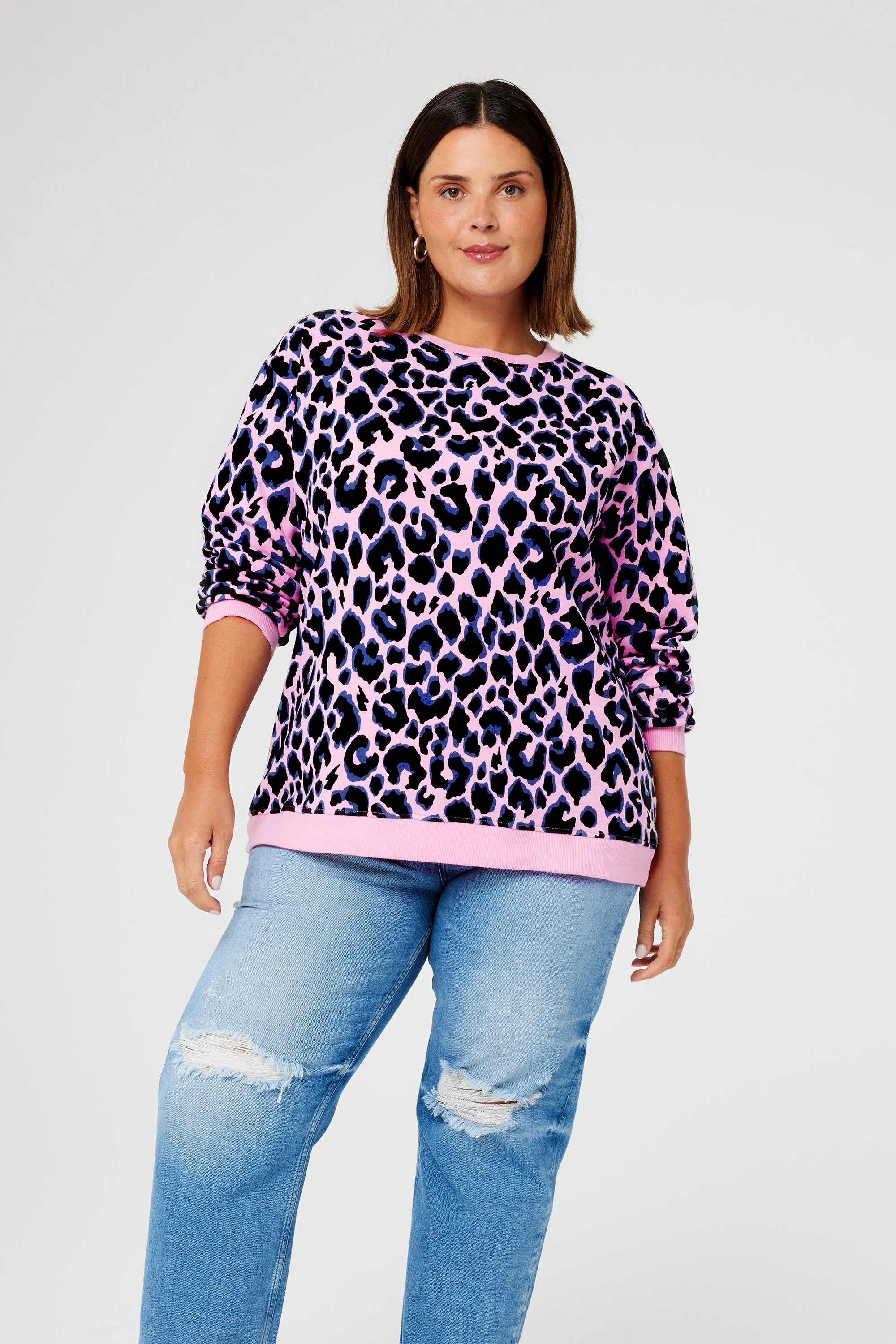 Pink with Blue and Black Shadow Leopard Oversized Sweatshirt