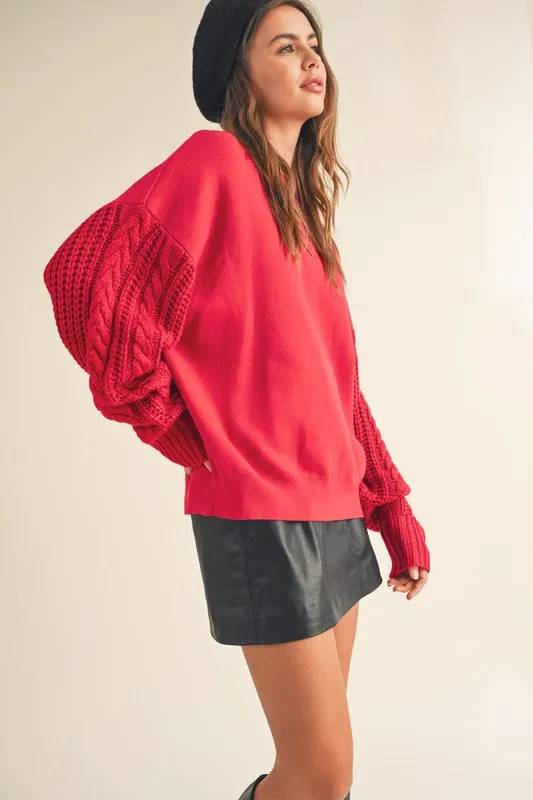 Red Cable Sleeve Knit Sweater