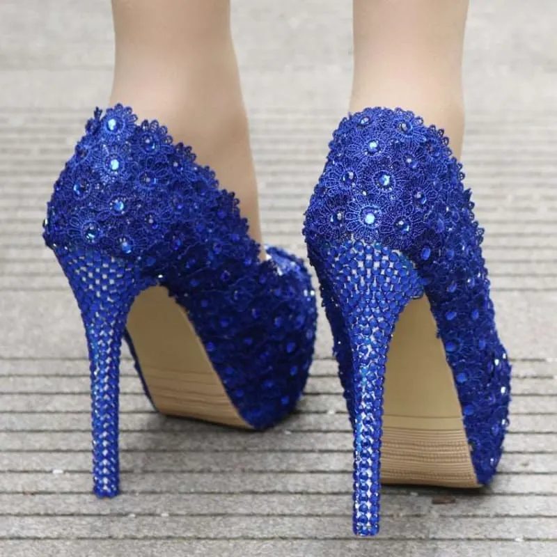 Royal Blue Lace Wedding Shoes with Rhinestones and Sequins