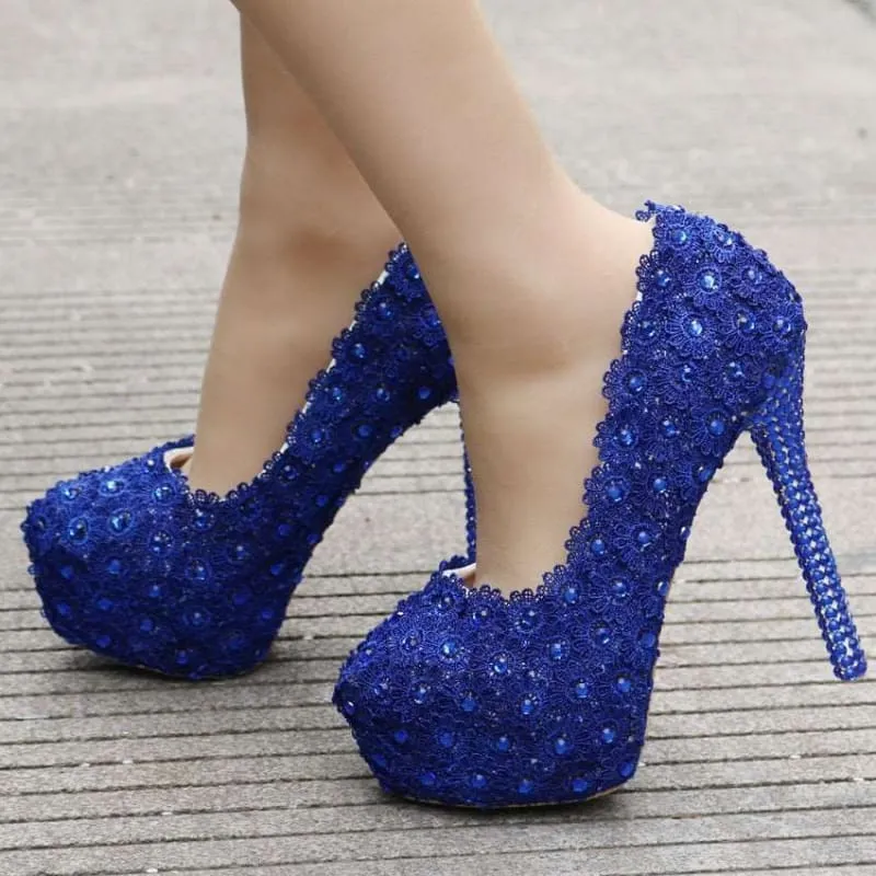 Royal Blue Lace Wedding Shoes with Rhinestones and Sequins