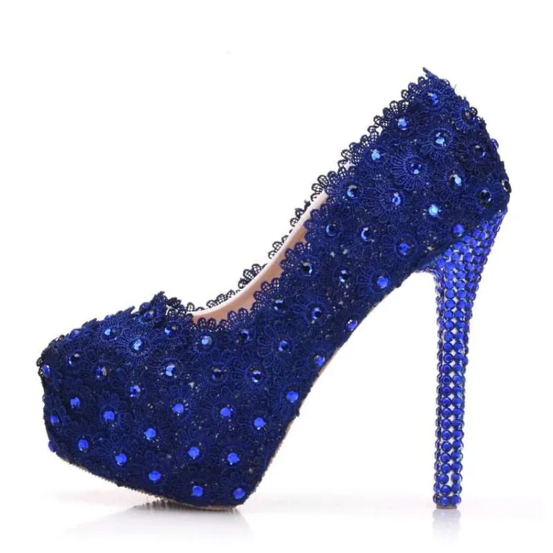 Royal Blue Lace Wedding Shoes with Rhinestones and Sequins