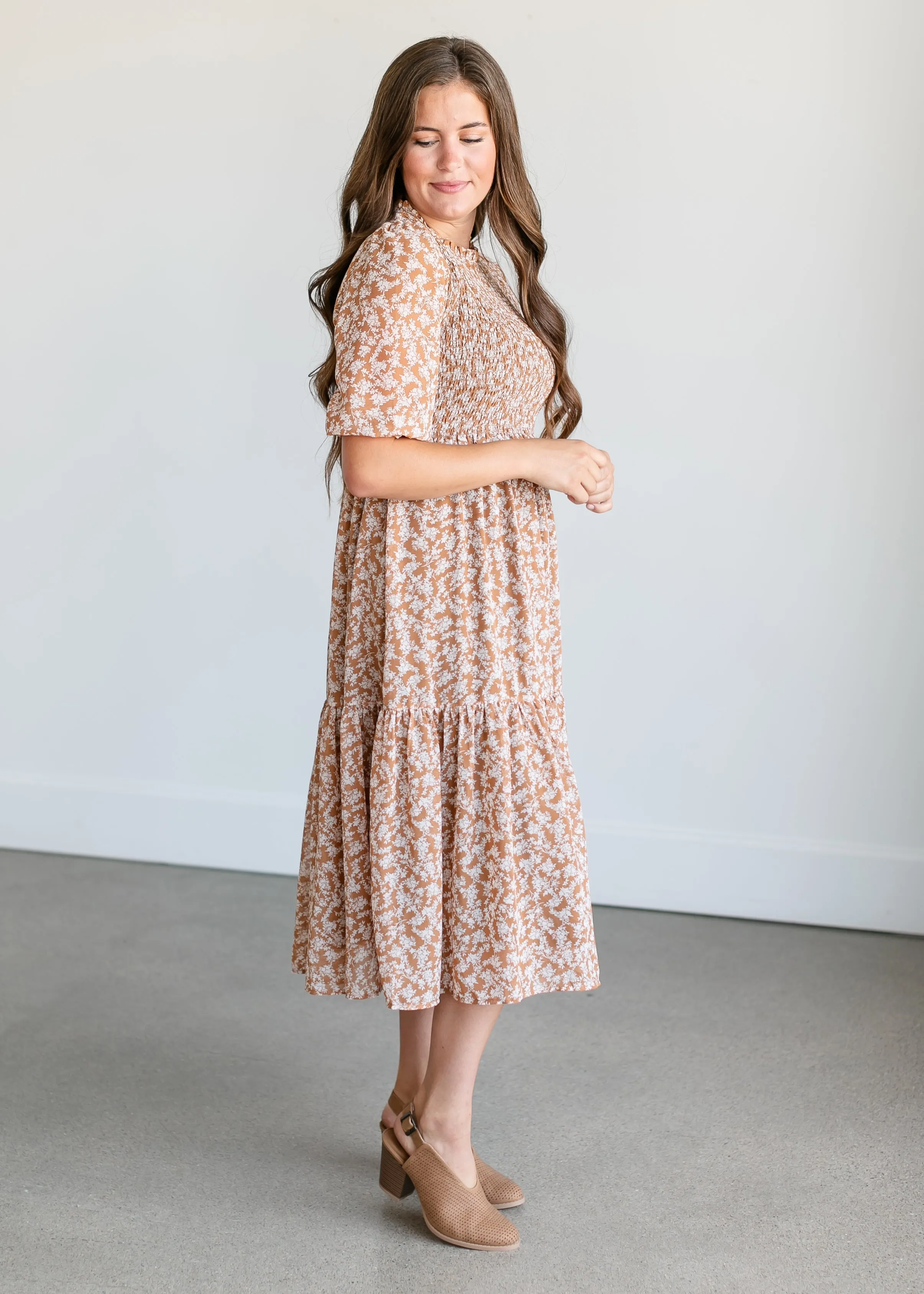 Smocked 3/4 Sleeve Floral Midi Dress