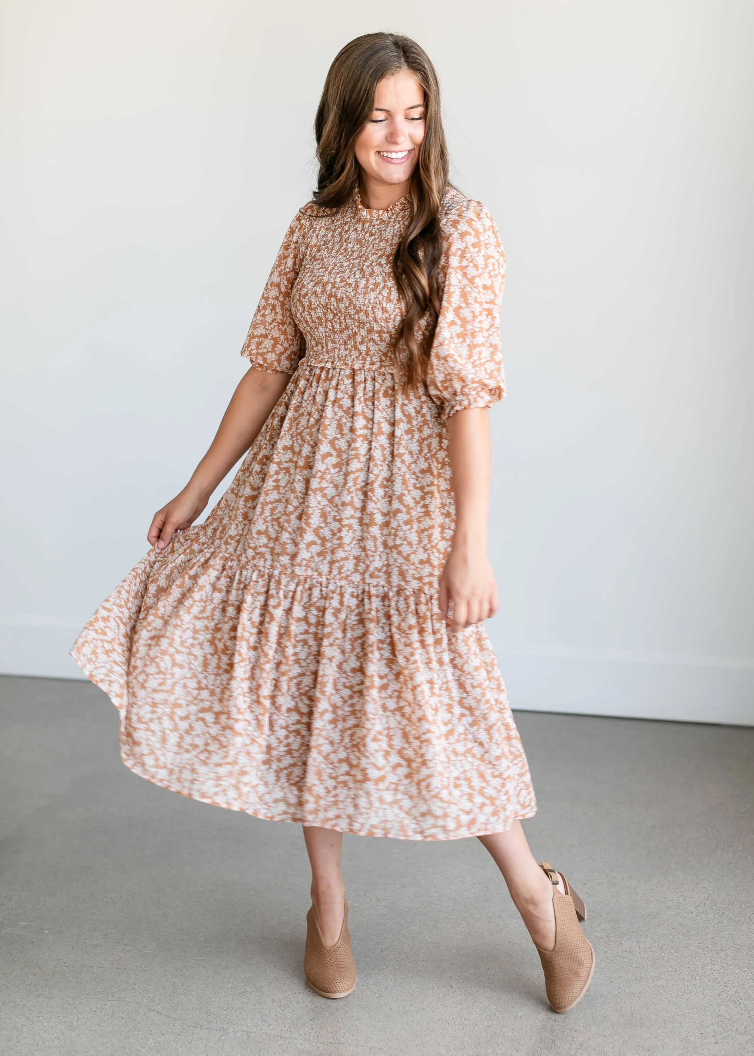 Smocked 3/4 Sleeve Floral Midi Dress