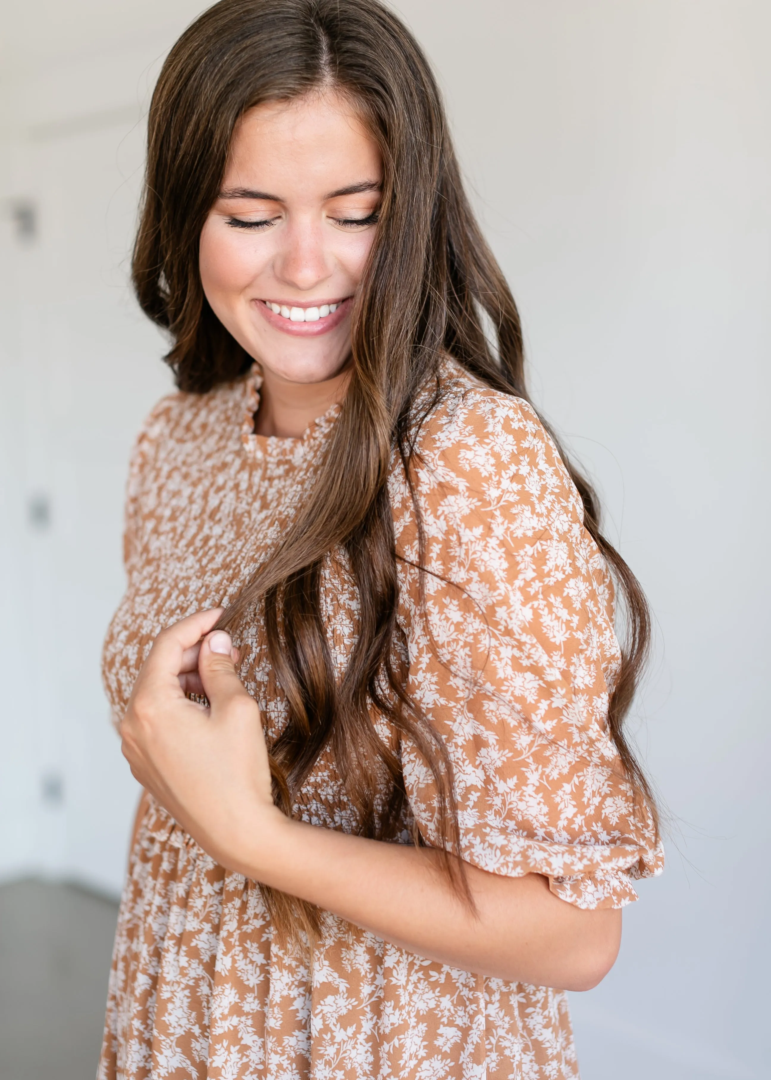 Smocked 3/4 Sleeve Floral Midi Dress