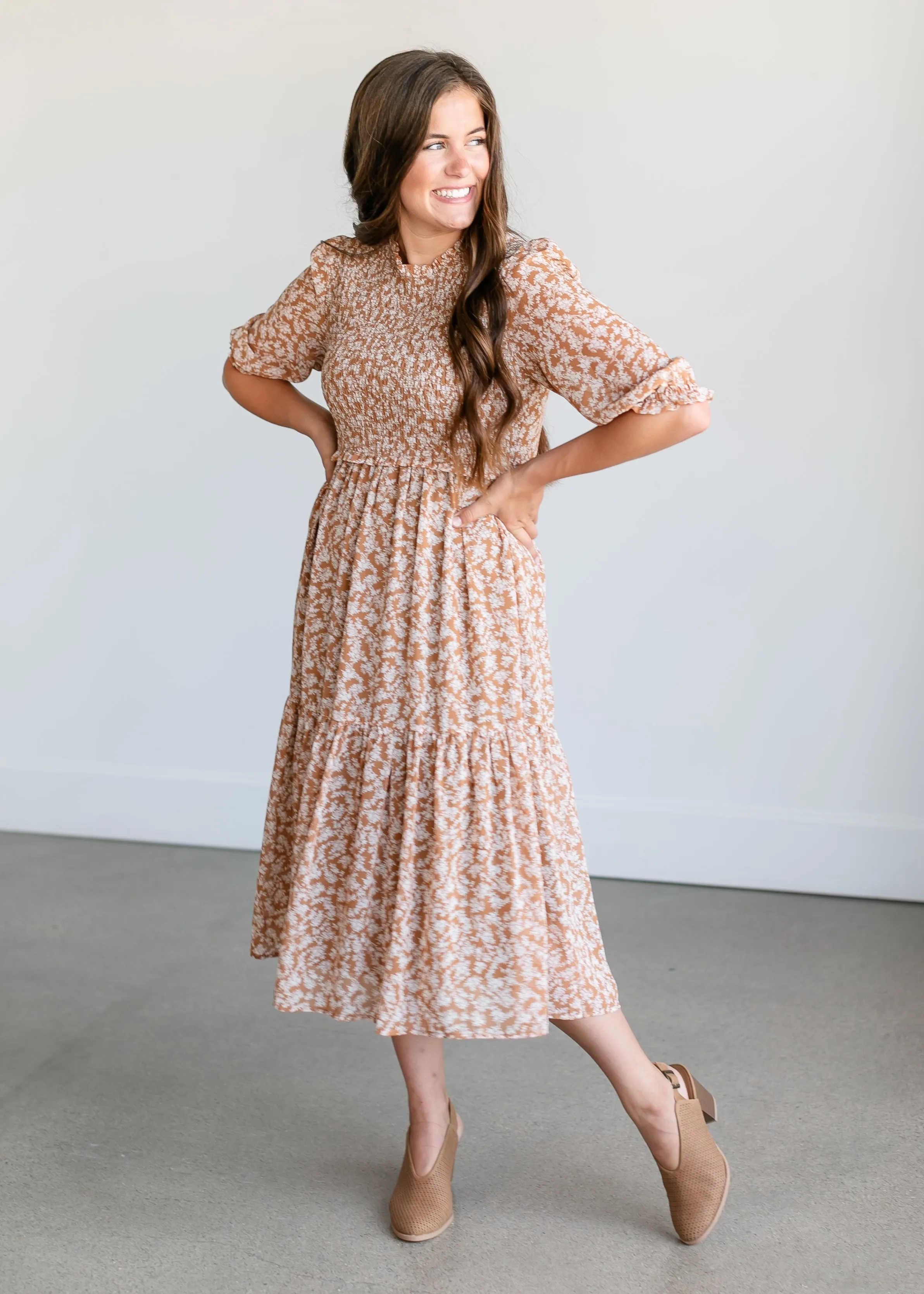 Smocked 3/4 Sleeve Floral Midi Dress