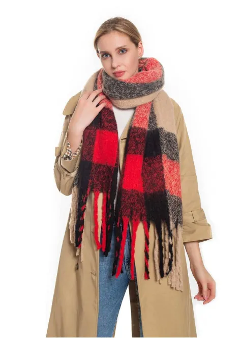 Soft Wide Plaid Accent Scarf Tan / Red