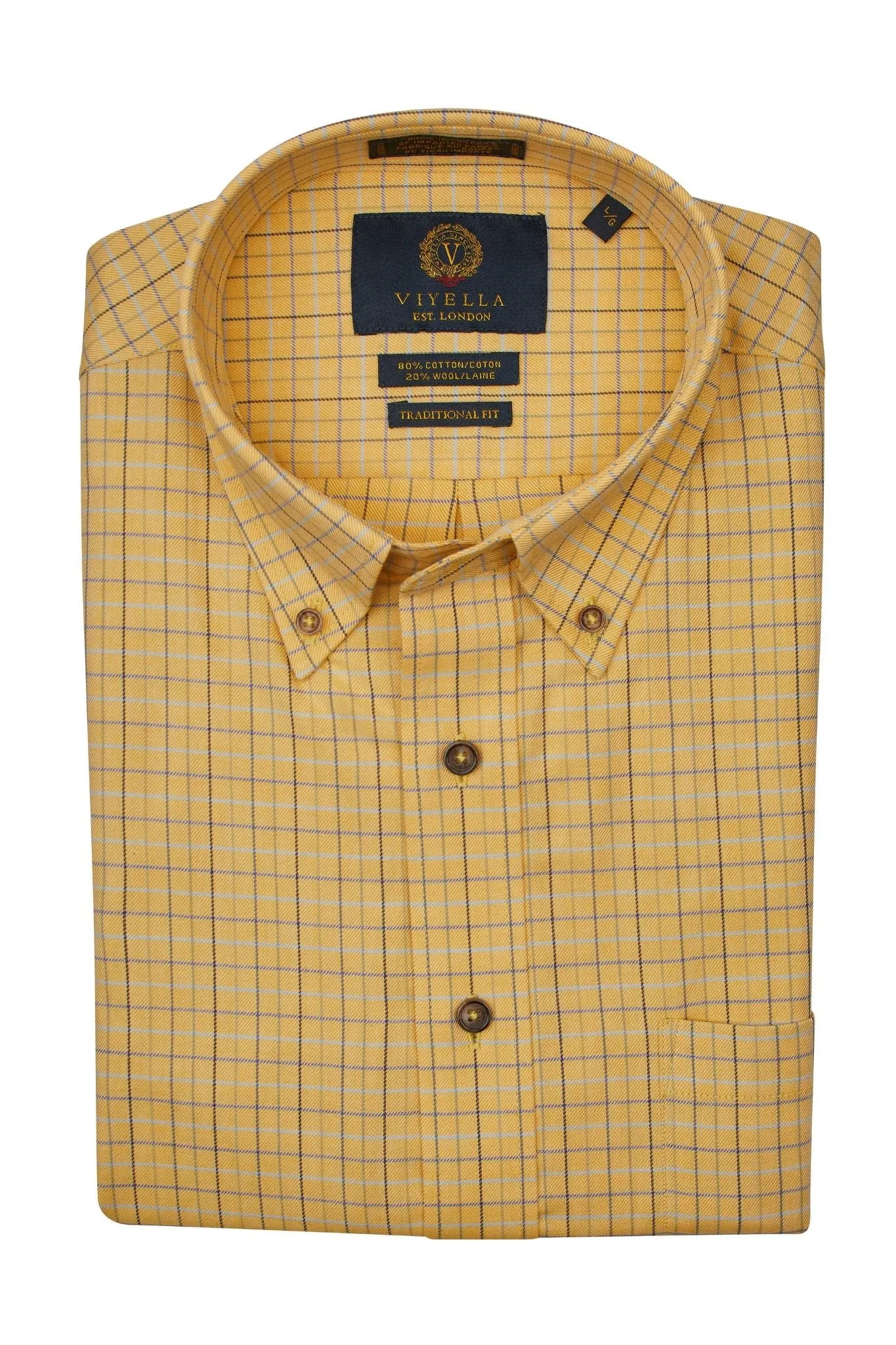 Tailored Fit Yellow Check Cotton & Wool Long Sleeve Shirts