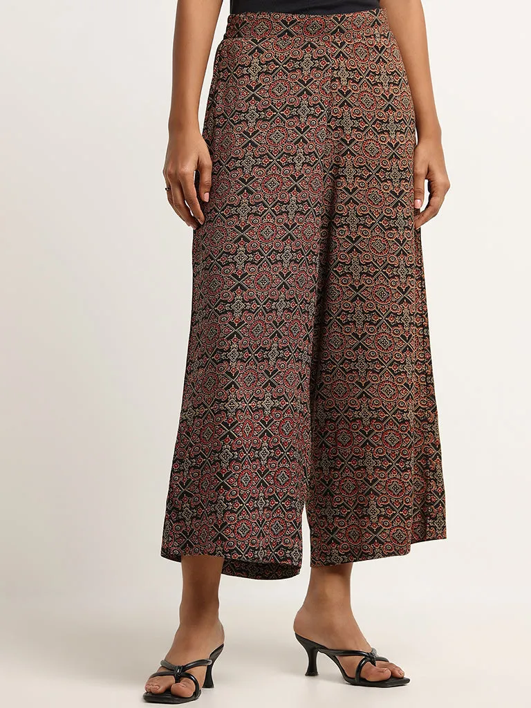 Utsa Black Printed Wide Leg Pants