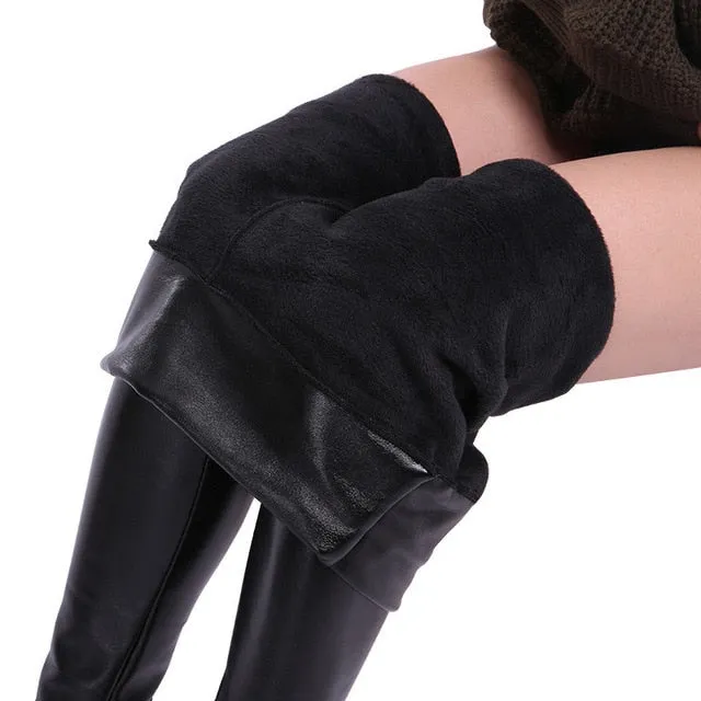 VenusFox High Waist Warm Velvet Plus Size Leather Leggings