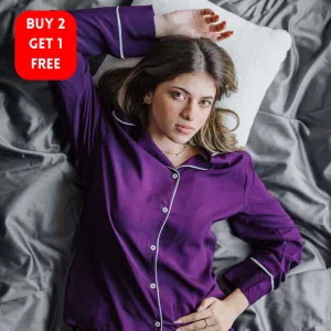 Women summer pajama set Purple buttoned shirt   Pants