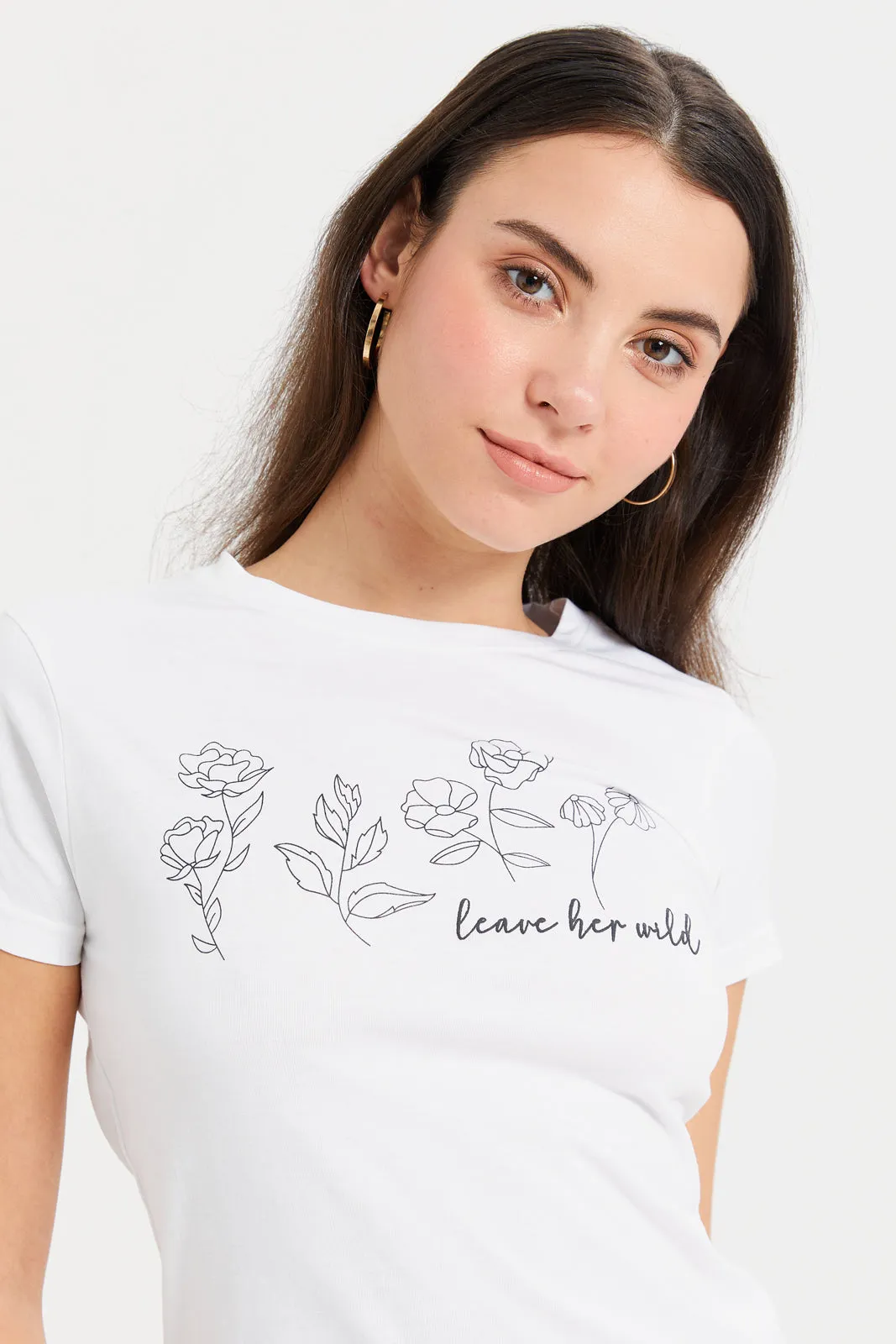 Women White Flower Printed T-Shirt