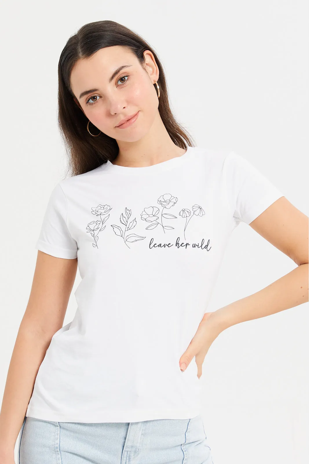 Women White Flower Printed T-Shirt